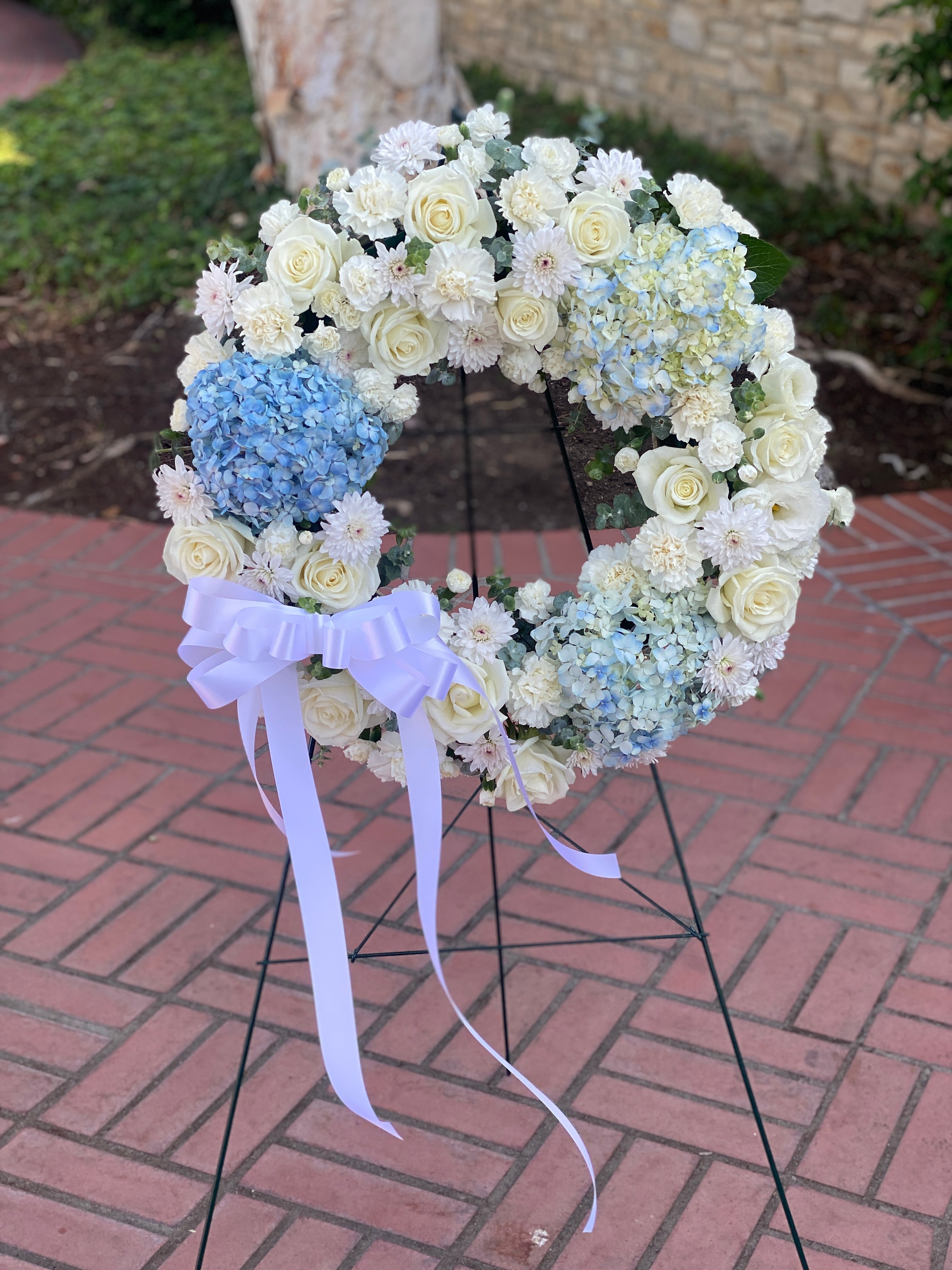 blue funeral dress Funeral Standing Wreath Light Blue – Hanadai Florist