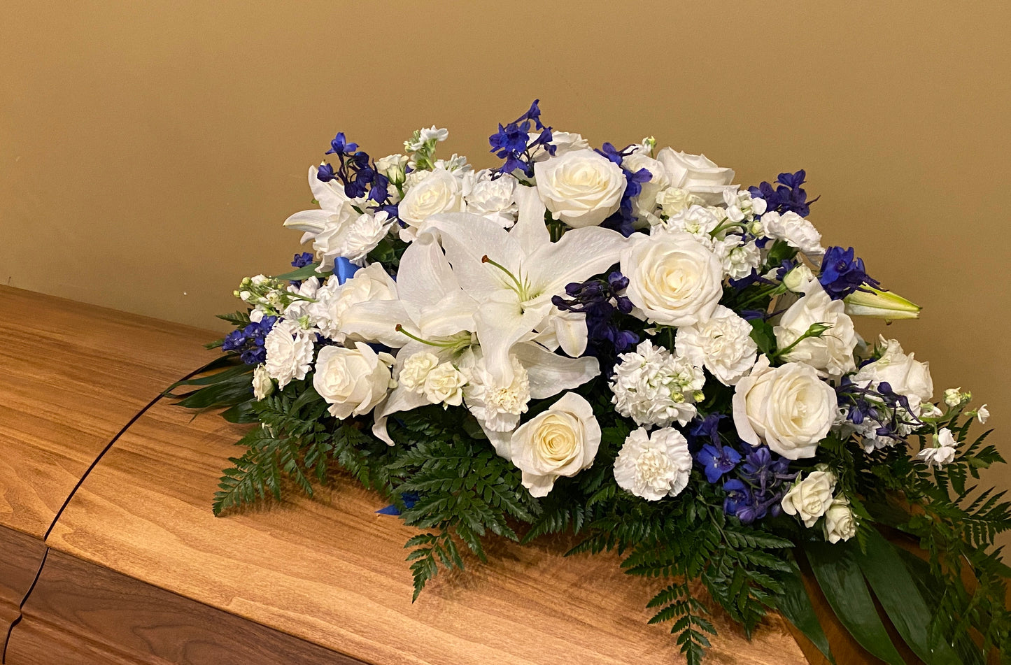 Funeral Casket Spray White Royal Blue
